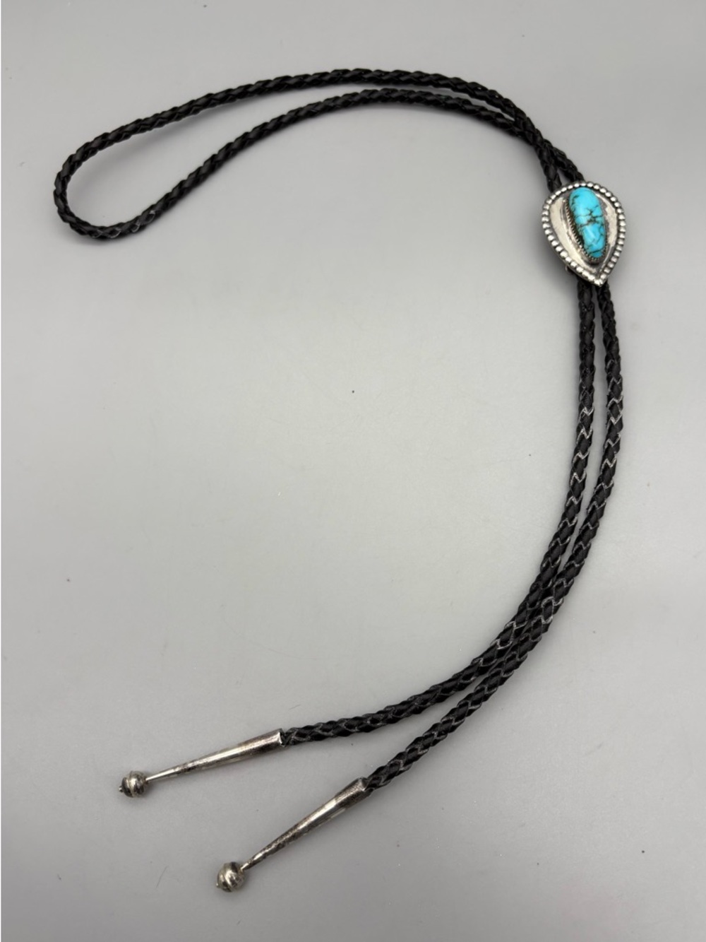 Vtg Silver Bennett Pat Pend Bolo Tie Jewelry Slide Turquoise Stone Leather